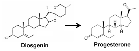 Conversion of diosgenin to bioidentical progesterone hormone.