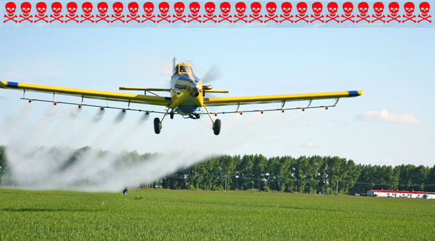 glyphosate spraying crop duster with skull and crossbones